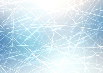 Ice scrathes textured background. Bright lens flare on white blue blurred texture. Creative winter decoration.