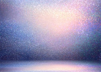 Shimmer 3d background blue lilac pink gradient. Glitter fantastic room illustration. Sparkles abstract wall and floor. Magic interior.
