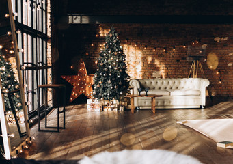 Beautiful Christmas interior with garlands and toys.