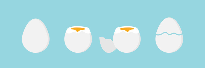 Set, collection of vector cartoon style eggs, whole, cracked, soft-boiled for breakfast design.