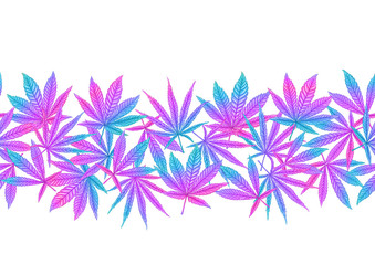 Cannabis leaves seamless pattern, background. Vector illustration in neon, fluorescent colors.