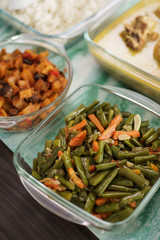opor ayam and sambal goreng hati . indonesian traditional food during eid mubarak celebration