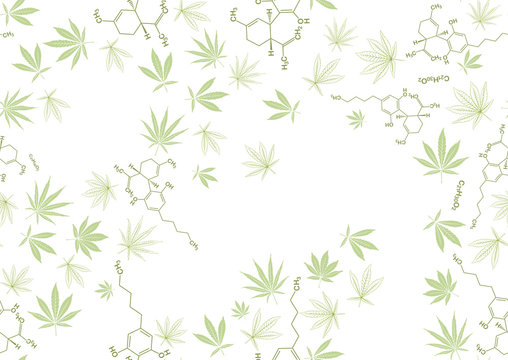 Cannabis leaves and cbd, cannabidiol formula seamless pattern, background. Vector illustration in green colors. Isolated on white background.