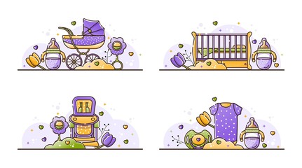 Vector set of illustrations with baby accessories. Stroller, baby milk bottle and toy. Birth of a boy or girl child. Linear style print on a white background