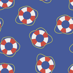 Seamless pattern with lifebuoys. Vector illustration on a blue background.