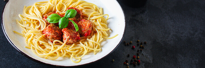pasta spaghetti meatballs and tomato sauce Menu concept healthy eating. food background top view copy space