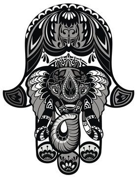 Hamsa hand and the elephant image. Hand of Fatima, vector illustration