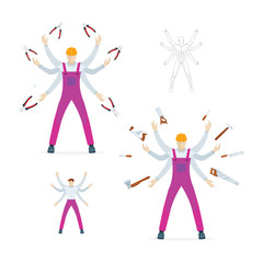 Concept of multitasking. Builder, carpenter and electrician characters vector illustration. Male with six hands with different tools. Part of set. 