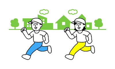 街中を笑顔でランニングする男女（シンプル）