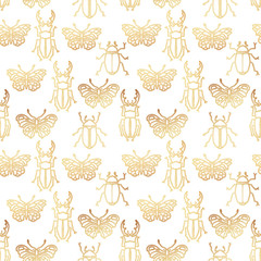 Seamless pattern with gold insects, art deco style illustration