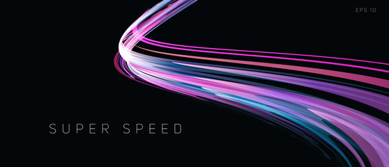 Speed track lights, neon glowing lines abstract composition, gradient purple curve in dark 3d space, wallpaper cover