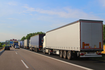 Lorry jam on the highway before border crossing (from Germany to Basel, Switzerland) - 350836964
