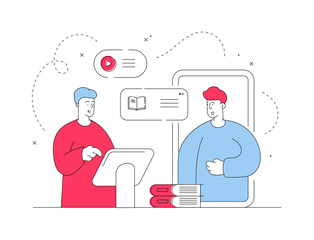 Men using online library app. Flat line vector illustration