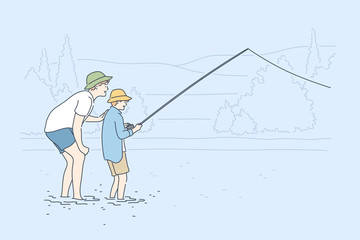 Fatherhood, fishing, childhood, training, leisure concept. Young man father teaching boy kid son teenager catching fish on lake river. Family care fathers day and active summer recreation illustration