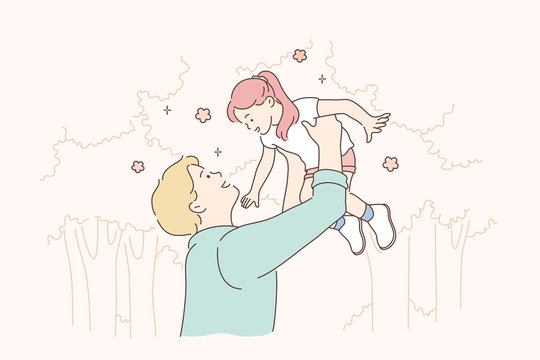 Childhood, fatherhood, game concept. Cartoon characters young man father playing with daughter, holding happy child girl in hands at park. Family fathers day and active summer recreation illustration.