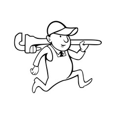 Plumber Holding Monkey Wrench Cartoon Black and White