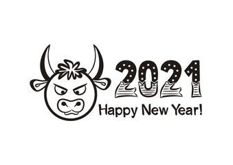 Happy new year 2021. Black Logo of hand-drawn numbers and bull on a white background. 2021 calendar heading. Vector illustration for the design of New Year cards and posters.
