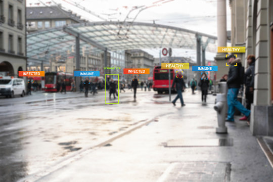 App scanning and tracking blurred people for Coronavirus prevention in city center - Software against Covid-19 outbreak - Big data, technology, privacy and health concept - Defocused image with Icons © DisobeyArt