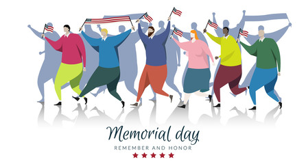 American people participants carrying the America flag waved while memorial day parade. vector background banner for memorial day celebration isolated on white background