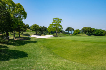 View of Golf Course with beautiful putting green. Golf course with a rich green turf beautiful scenery.