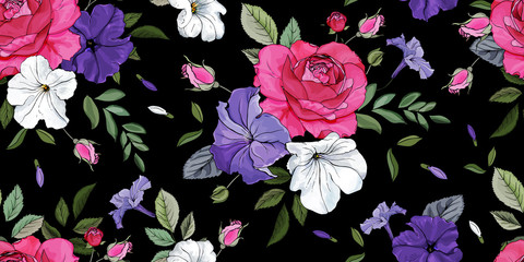 Floral colorful seamless pattern with roses, petunias, leaves on a black background. Vector stock illustration.