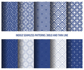 Indigo seamless patterns, bold and thin line. Japanese sashiko inspired blue and white background decoration.
