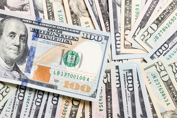 100 dollar bill on various US Dollar billss Top view of business concept on background with copy space