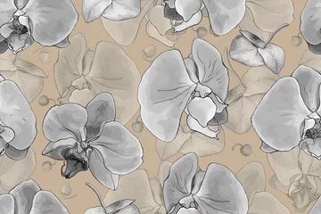 Papier Peint photo Orchidee Modèle sans couture floral monochrome avec orchidée de fleurs grises sur fond marron. Dessiné à la main. Illustration vectorielle de stock.