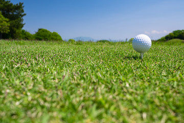 Golf Ball on tee at the teeing area. Golf course with a rich green turf beautiful scenery.