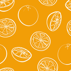 Seamless pattern with white outline oranges fruit citrus on orange color  background. For wrapping paper, kitchen design. Vector stock illustration.