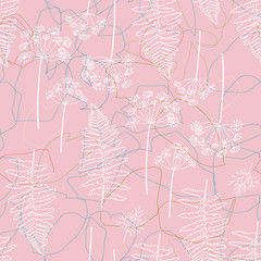 Vector seamless pattern with hand drawn dill or fennel flowers and fern leaves. Realistic plants outlines in pastel colors