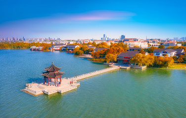 Fototapeta na wymiar Aerial view of Lake Pavilion, Jinji Lake, Suzhou City, Jiangsu Province