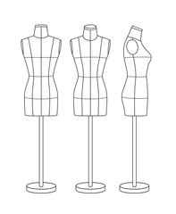 Mannequin for sewing and modeling, front, back and side. Black outline.