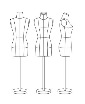 Mannequin for sewing and modeling, front, back and side. Black outline.