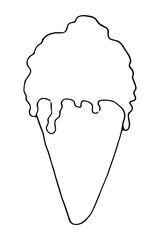 Isolated silhouette ice cream in waffle cone with one scoop. Vector hand drawn illustration in doodle style. Black and white. Can use for menu, greeting card, websites, poster, product design, logo. 
