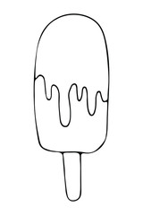Isolated ice cream with stick and syrop on white background.  Vector hand drawn illustration in doodle style. Black and white. Can use for menu, greeting card, websites, product design.