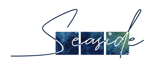 Seaside logo in blue tones with the watercolor squares hand drawn in watercolor isolated on a white background.