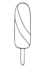 Isolated ice cream with stick and glazed in oval elongated shape. Vector hand drawn illustration in doodle style. Black and white. Can use for menu, greeting card, websites, product design.