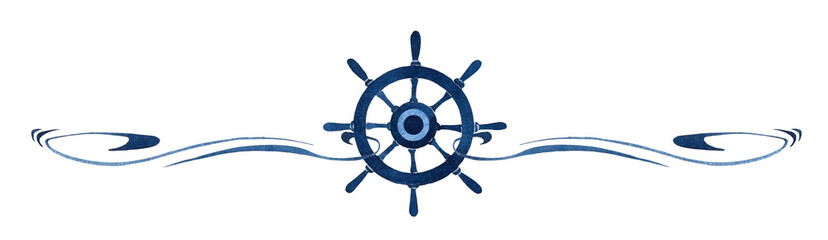 Obraz premium The blue text divider with a steering-wheel clipart hand drawn in watercolor isolated on a white background.