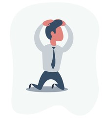 Sad unhappy businessman office worker manager standing on his knees and prey. Vector flat cartoon illustration