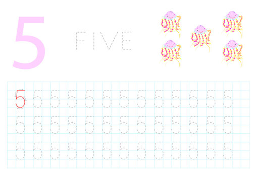 Number Five, Pregrafism on numbers, Card for Learning to Write Children's Numbers. 