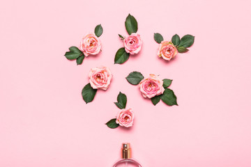 Bottle of perfume and roses flowers on pink background. Minimal beauty concept