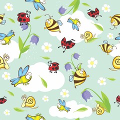 Vector spring funny cartoon insects seamless pattern