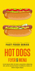 Hot dog menu flyer design template. Template flyer for fast food. Illustration hot dogs with abstract text for future design.