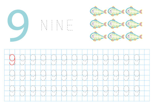 Number Nine, Pregrafism on numbers, Card for Learning to Write Children's Numbers. 