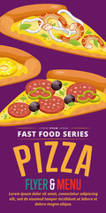 Pizza slice menu flyer design template. Template flyer for fast food. Illustration pizza with abstract text for future design.