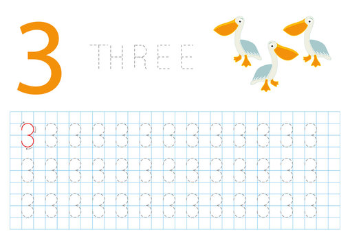 Number Three, Pregrafism on numbers, Card for Learning to Write Children's Numbers. 