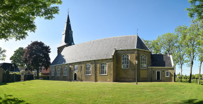 Panoramic view of protestant church in the village of Zevenhuizen, province of South Holland