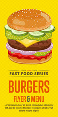 Burger menu flyer design template. Template flyer for fast food. Illustration burger with abstract text for future design.