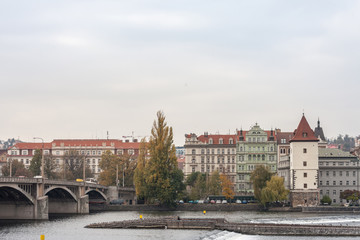 Jirasek bridge, also called Jiraskuv Most, in Prague, Czech Republic, over the Vltava river, with a...